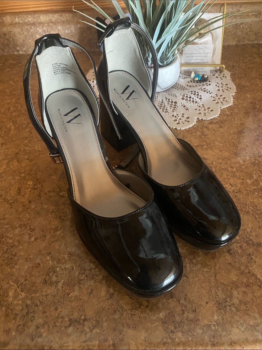 Worthington Black Patent Block Heel Ankle-Strap Pumps